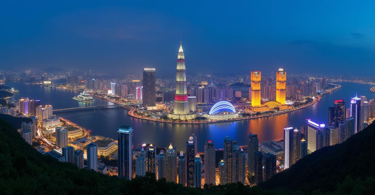 Macau skyline at night, highlighting illuminated casino resorts and the city's GGR