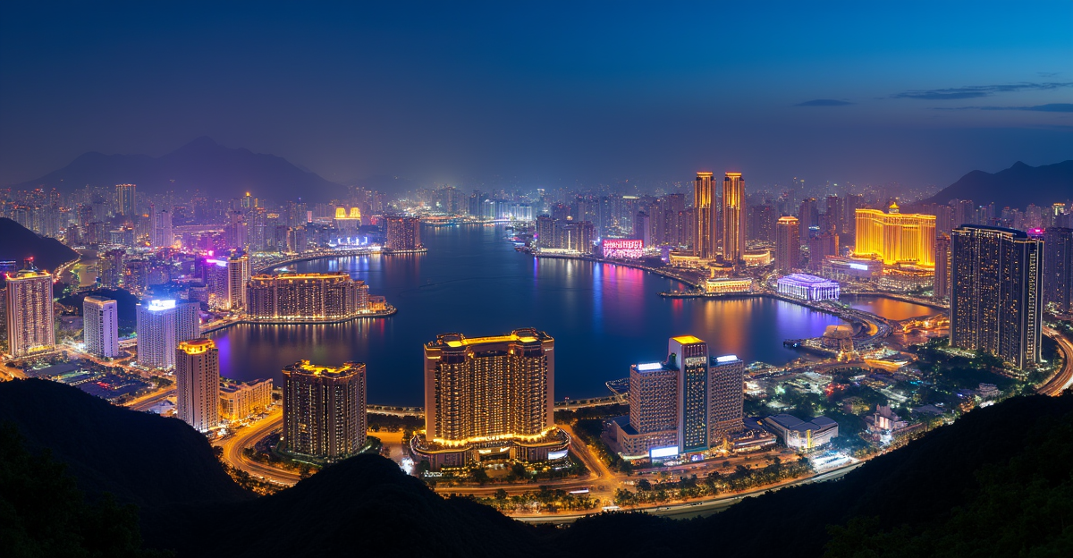 Pemandangan malam Macau dengan gedung-gedung tinggi dan lampu kota yang bercahaya